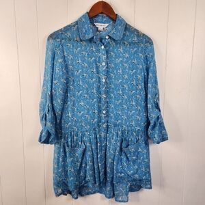 April Cornell Blue Floral Tunic Top Peasant Dize XXS Loose Summer Cottagecore